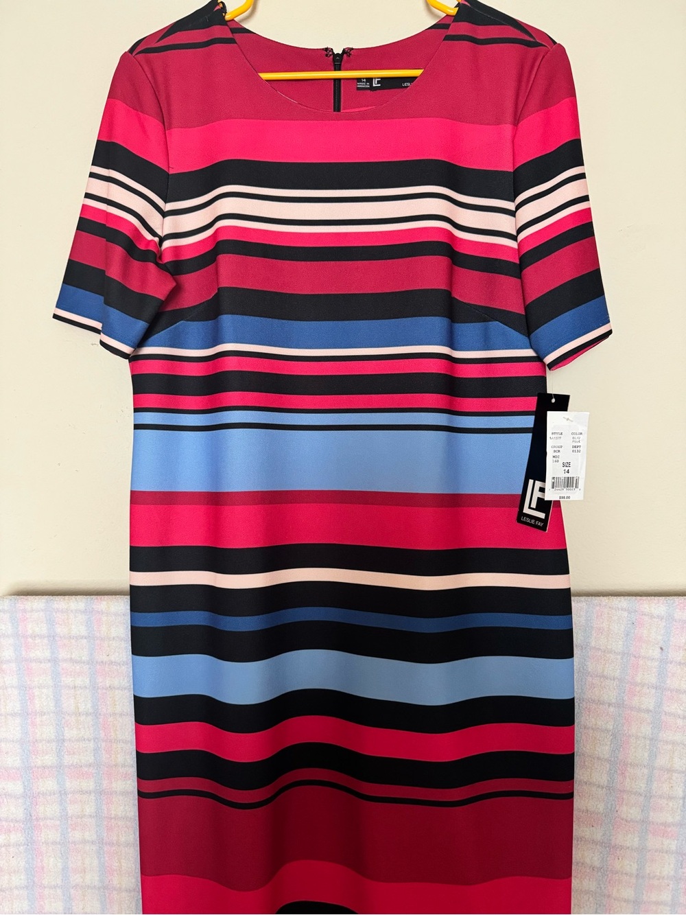 Leslie Fay Striped Midi Dress in Fuchsia, Blue & Black